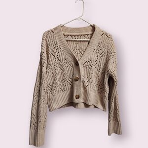 Women's Crochet Sweater Size Medium Long Sleeve Buttons Crop Top Beige Tan Soft
